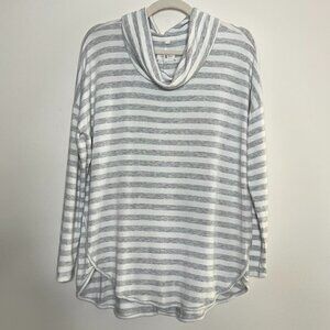 Lou & Grey Cowlneck Loose Flowy Striped Stretch Jersey Knit Curved Hem Top